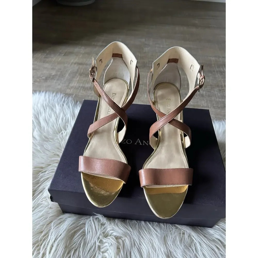 Enzo Angiolini McKinney Wedge Sandals 8.5 Women’s Brown Leather Ankle Strap NIB